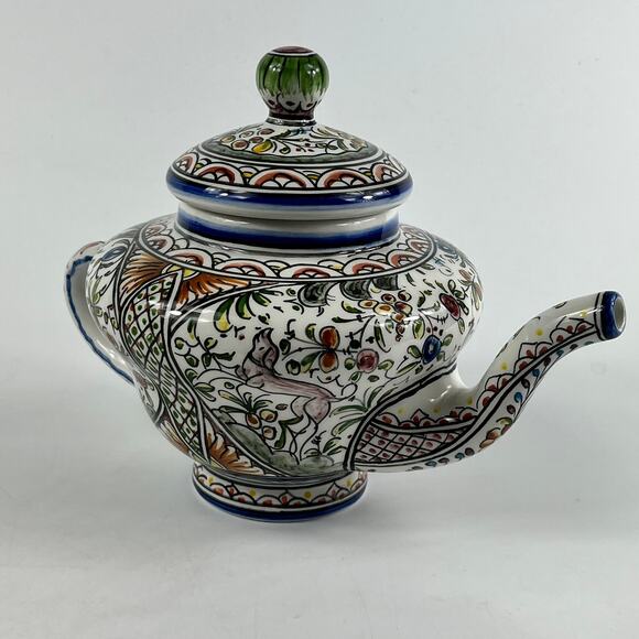 Ceramicas de Coimbra Hand Painted Portugal Floral Teapot 6.5"x9" Folk Art Glazed - Picture 2 of 11